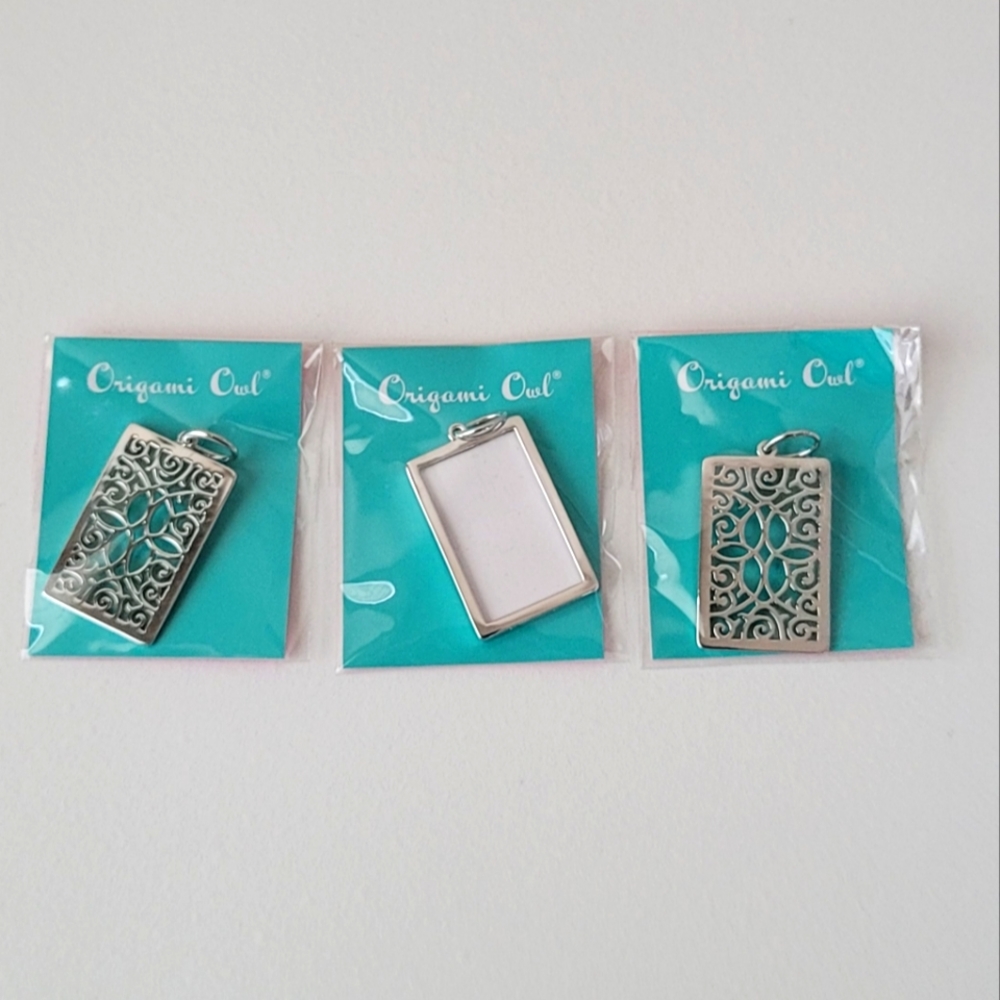 Set of 3 Silver Filigree Photo Frame Pendant and Cover by Origami Owl